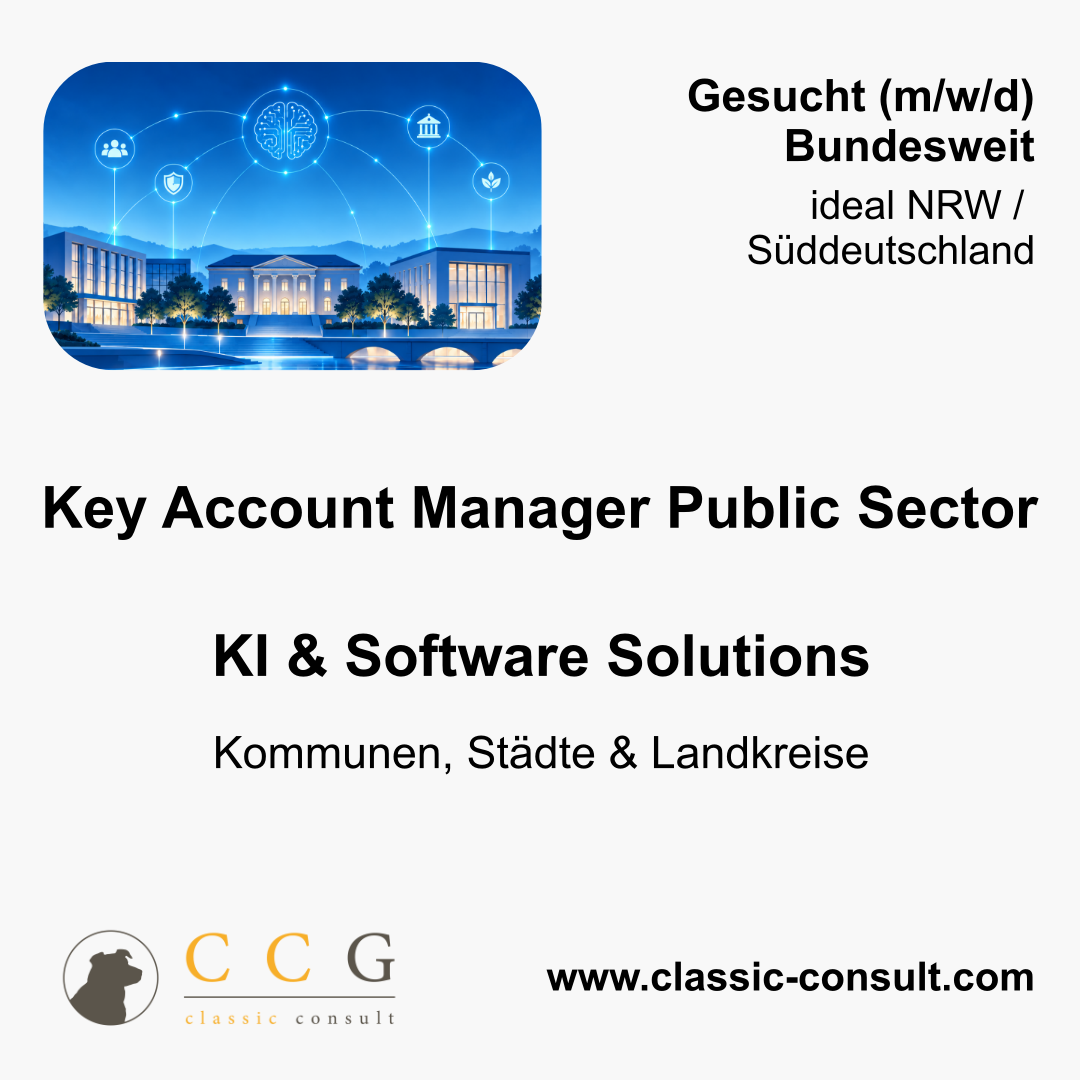Key Account Manager Public Sector – KI & Software Solutions | Kommunen, Städte & Landkreise (m/w/d)<br />
Bundesweit, ideal auch Wohnsitz in NRW oder Süddeutschland<br />
